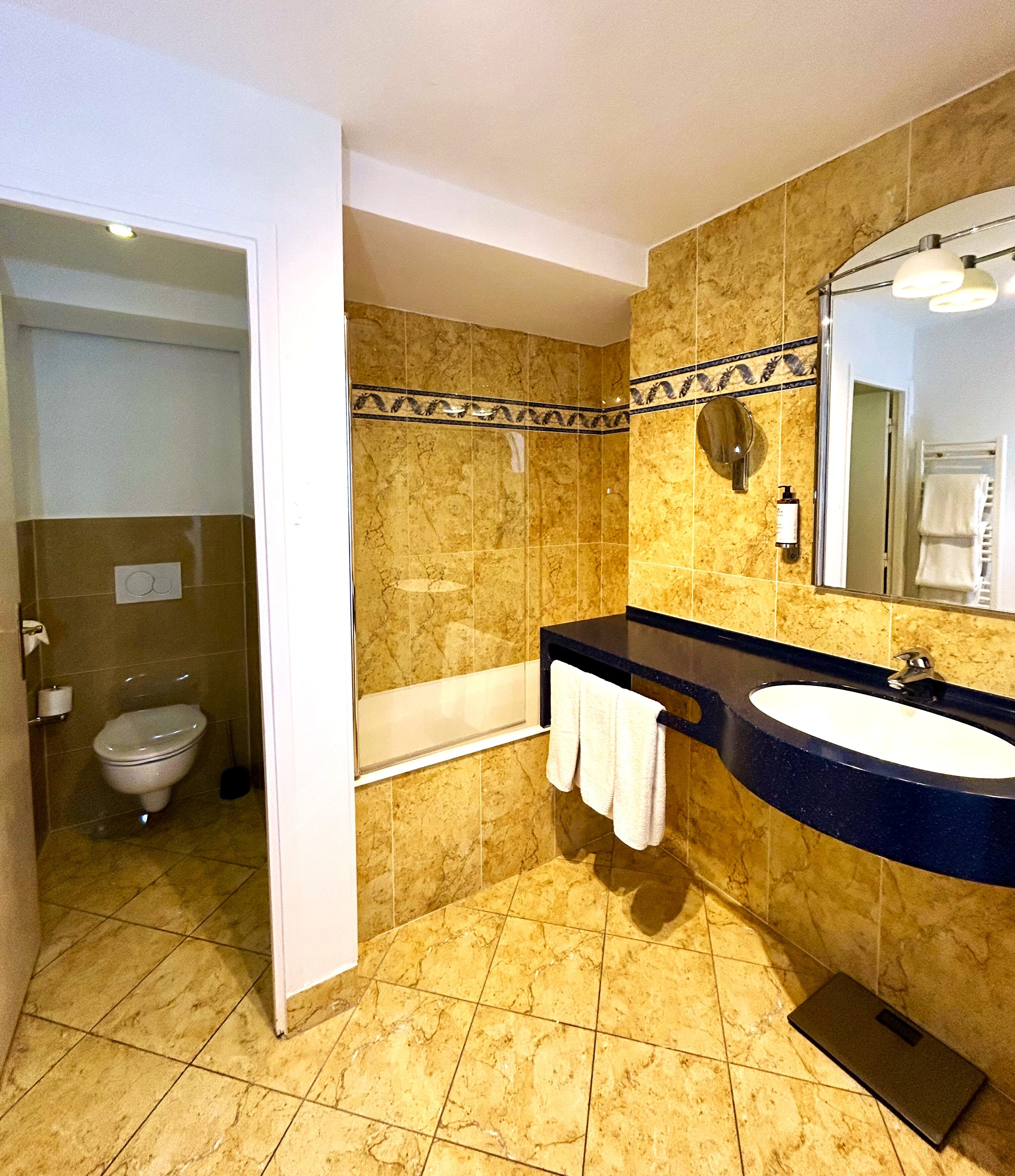 Kahden hengen deluxe-huone (yksi tai kaksi sänkyä) | Kylpyhuone | Hiustenkuivaaja, kylpytakit, tohvelit, pyyhkeet