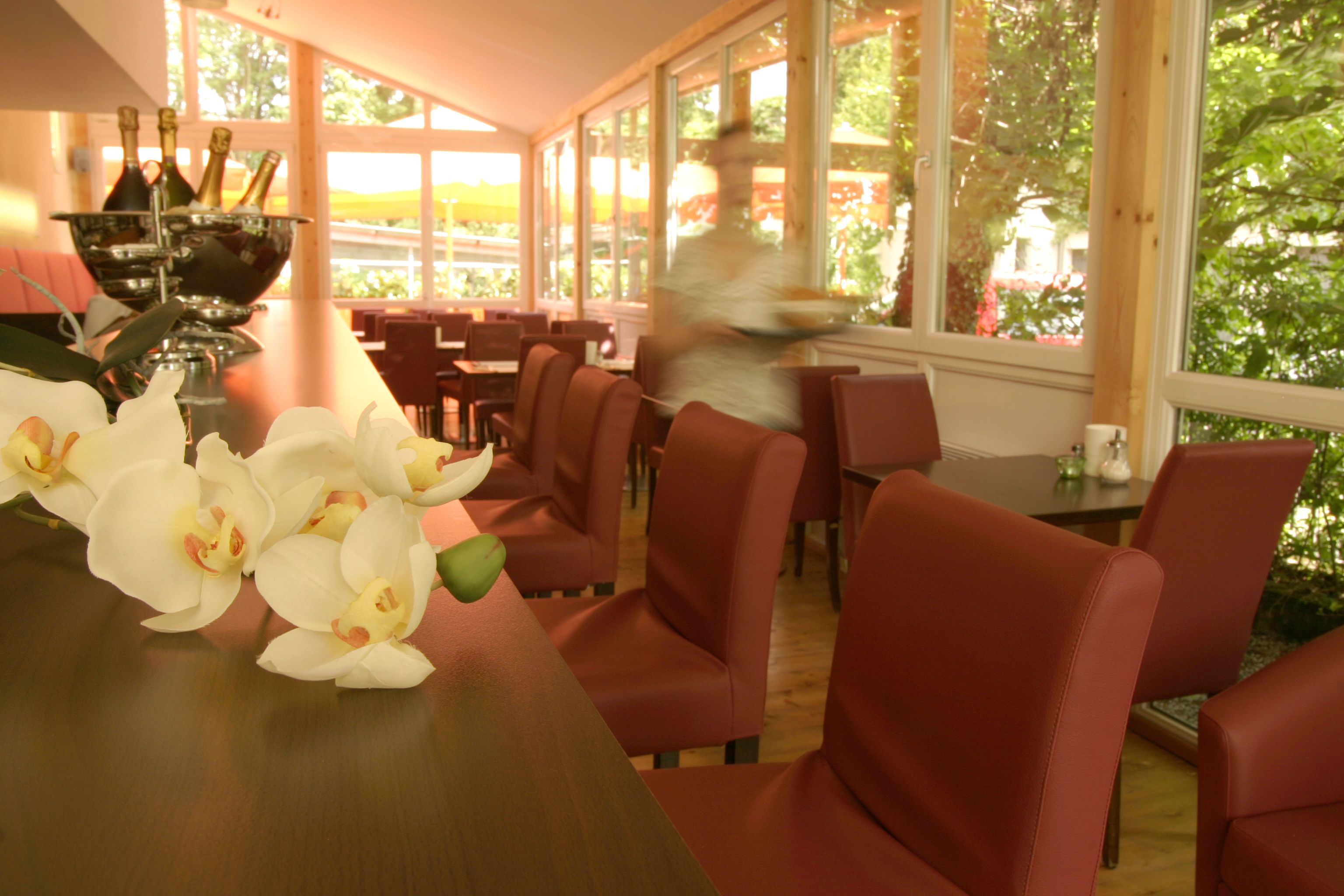 A restaurant with red chairs, a table with white flowers, and a view of trees through large windows.