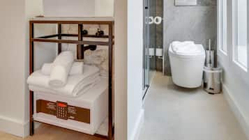 Rainfall showerhead, free toiletries, hair dryer, towels