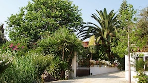 Zona residencial con entrada vigilada, abundante vegetación y cielo despejado.