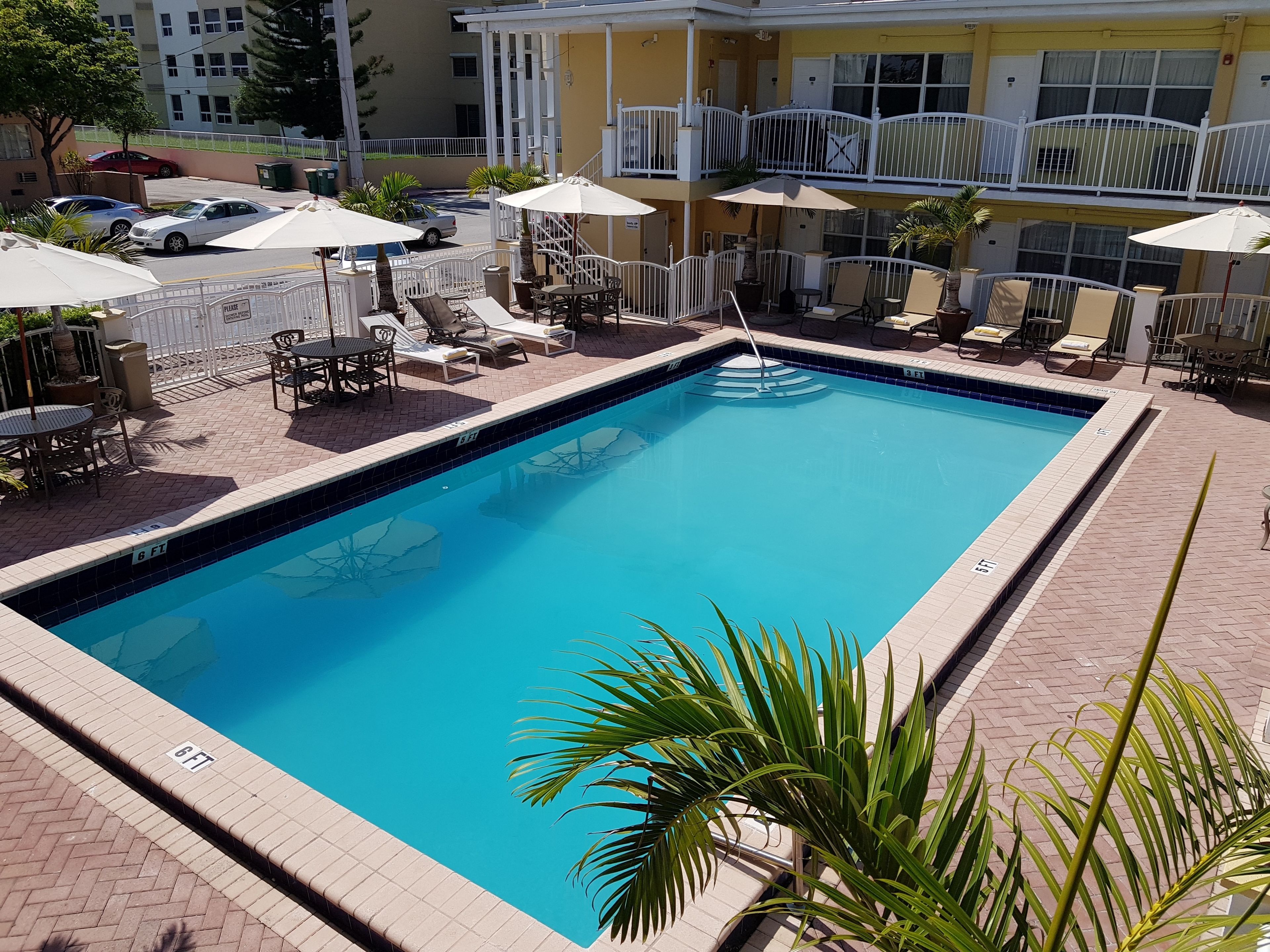 A rectangular swimming pool with a tiled edge, surrounded by lounge chairs and umbrellas, with a building in the background.