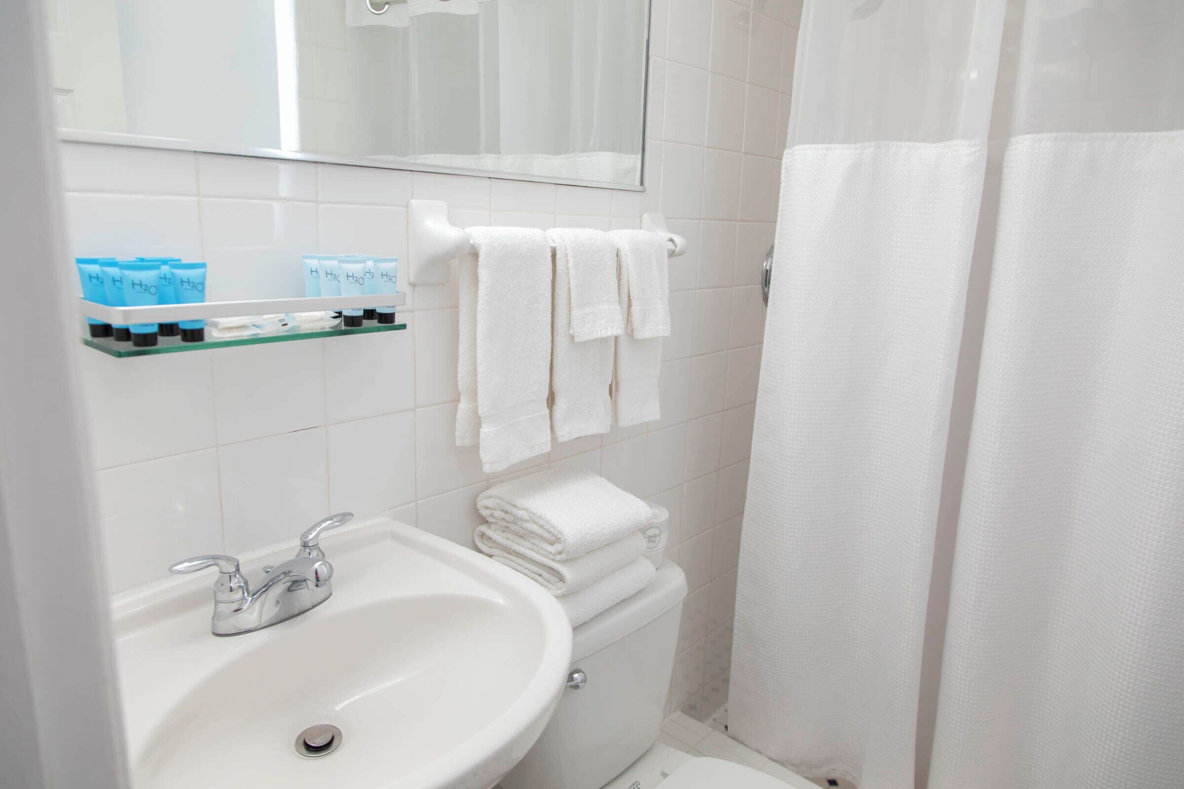 A bathroom with a sink, mirror, towel rack, and shower curtain.