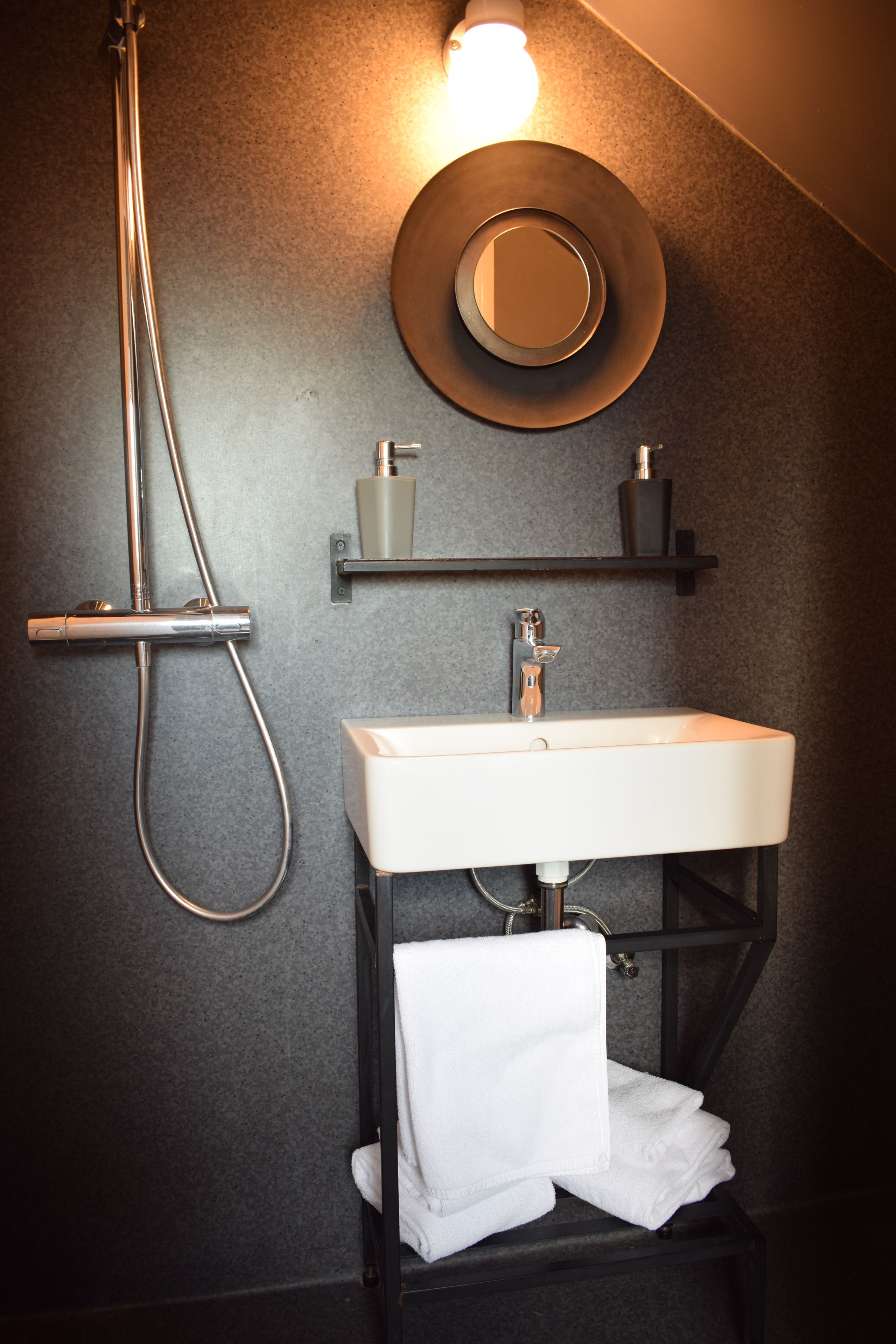 panoramic room with church view | bathroom | shower, hair dryer, towels