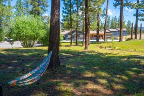 Relax in a serene natural setting with a hammock nestled between trees, near a charming porch.