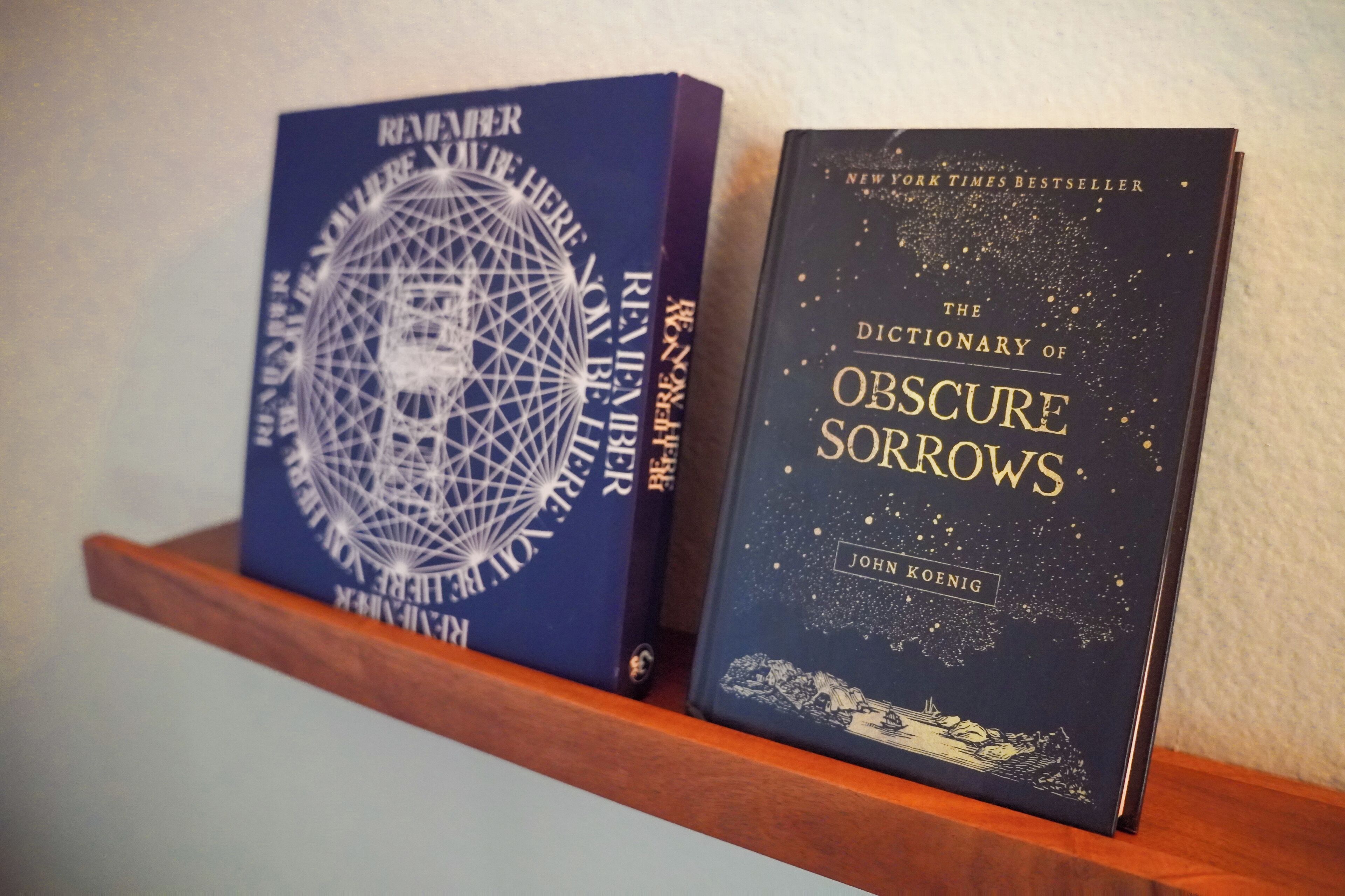 Two books on a wooden shelf.