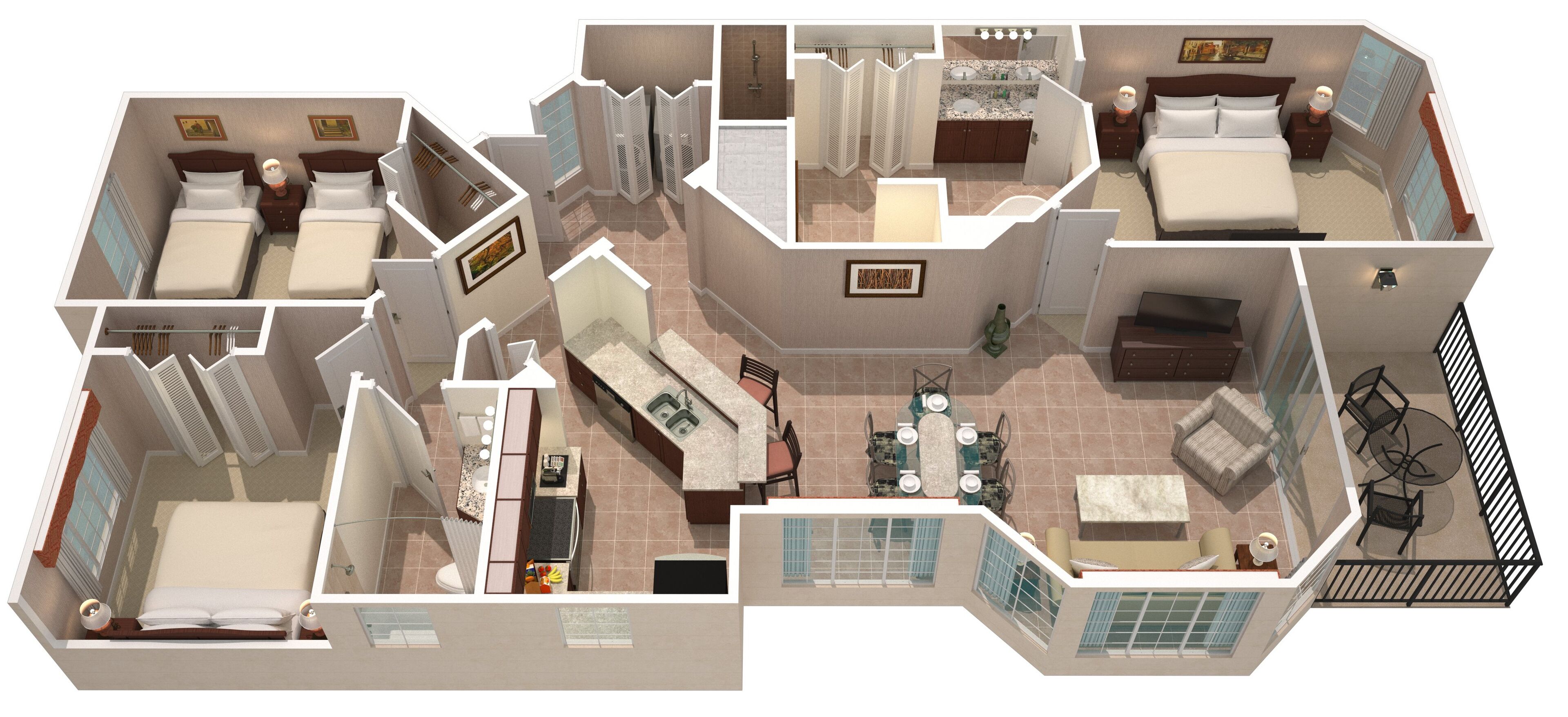 Een 3D-plattegrond van een hotelkamer met een aparte badkamer, een zithoek en een balkon.