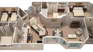A 3D floor plan of a hotel room with a separate bathroom, a dining area, and a balcony.