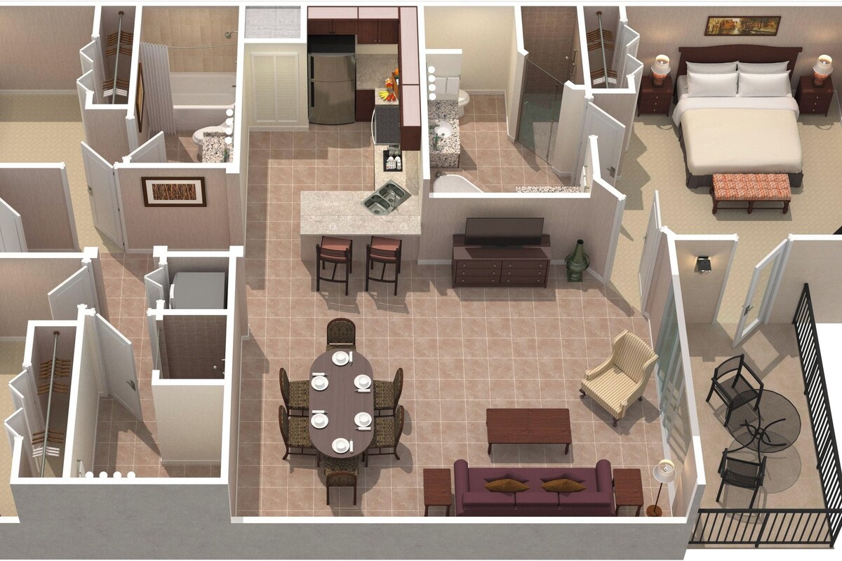 A hotel room layout with a bed, seating area, and a kitchenette.