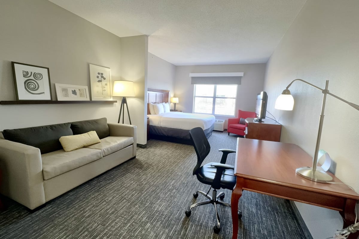 studio suite, 1 king bed, non smoking | in-room safe, desk, blackout curtains, iron/ironing board
