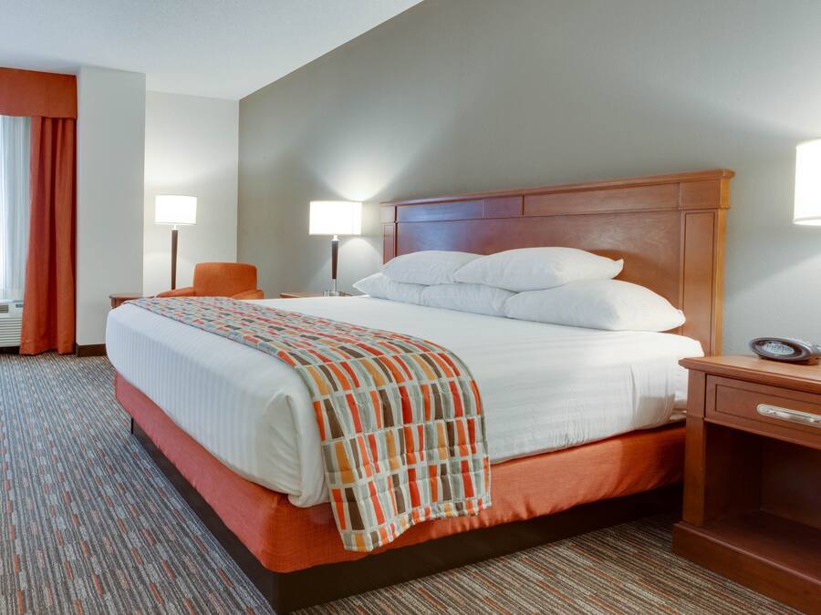 A hotel room with a large bed, two bedside lamps, a nightstand, and a carpeted floor.