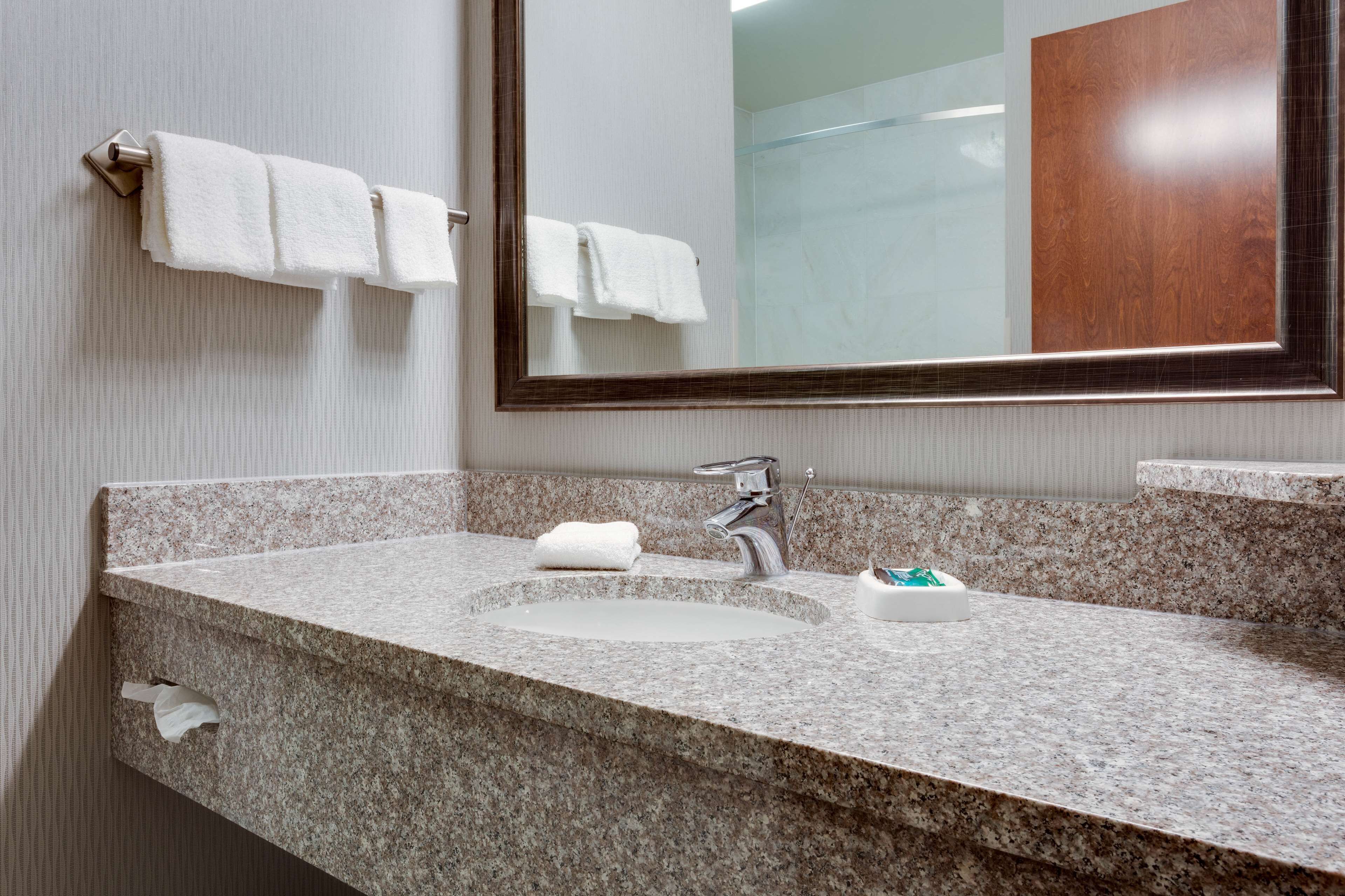 combined shower/bathtub, free toiletries, hair dryer, towels