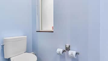 A bathroom with a toilet, a window, and two rolls of toilet paper on the wall.