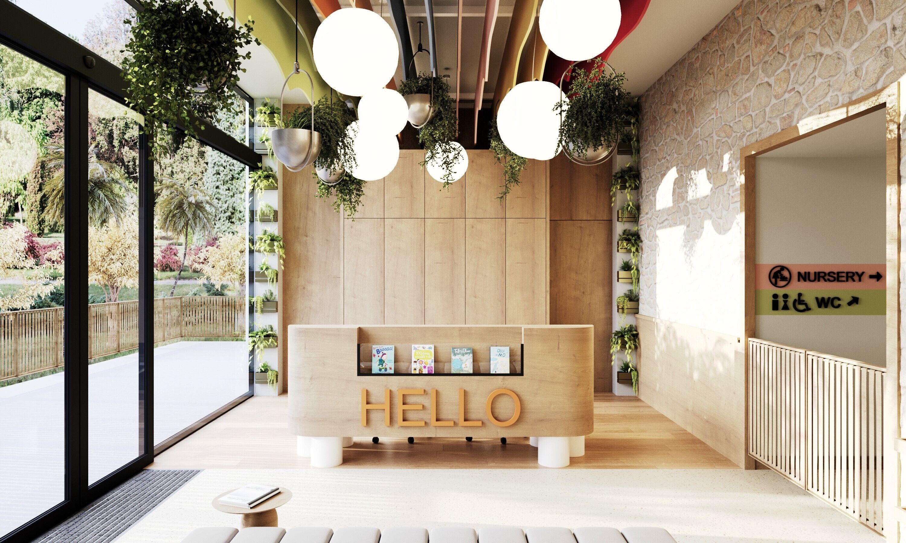 Et moderne receptionsområde med en træreception, et skilt med teksten 'HELLO' og udsigt til en have gennem store vinduer.
