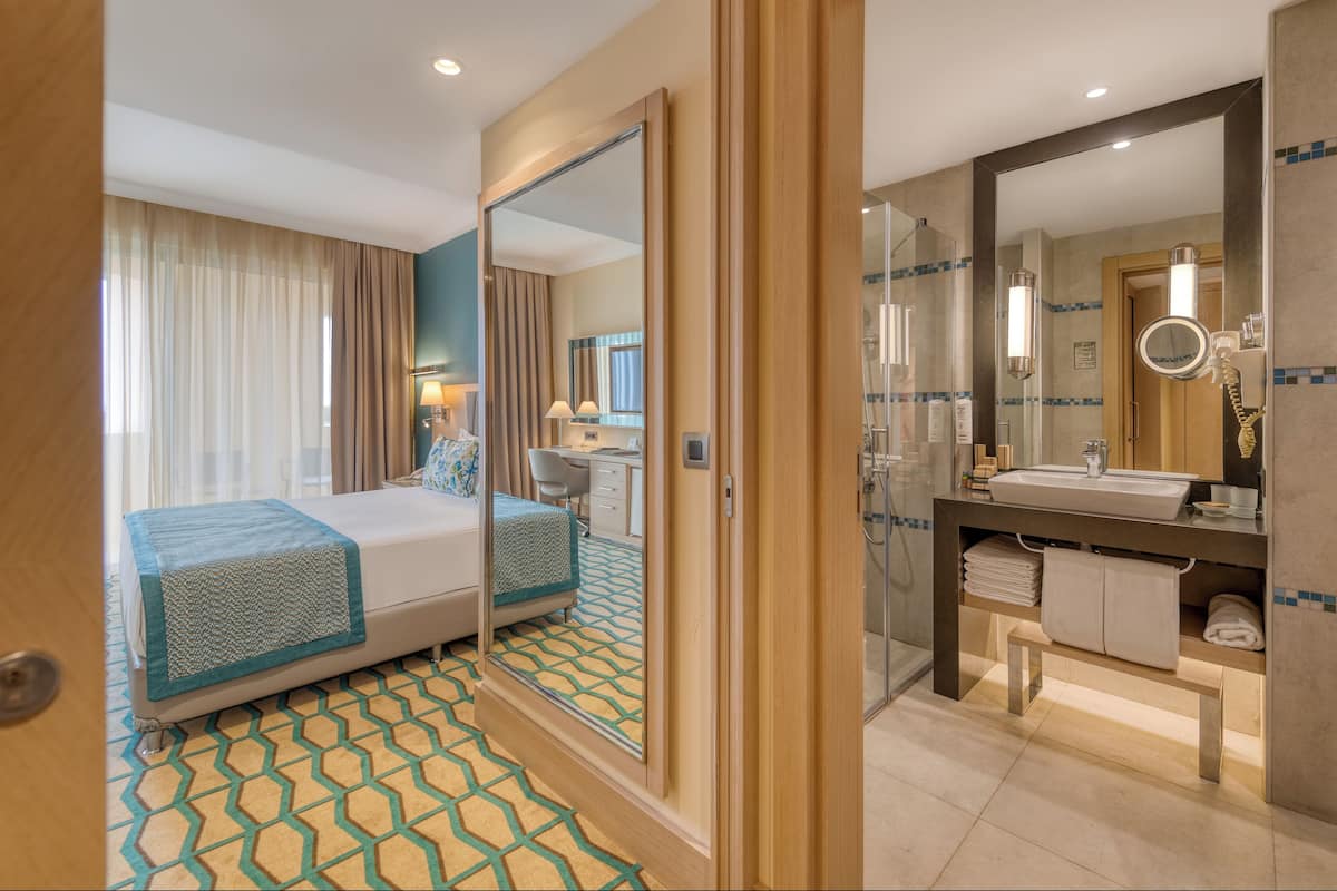 A hotel room with a bed, a desk, a shower, and a bathroom with a sink and mirror.