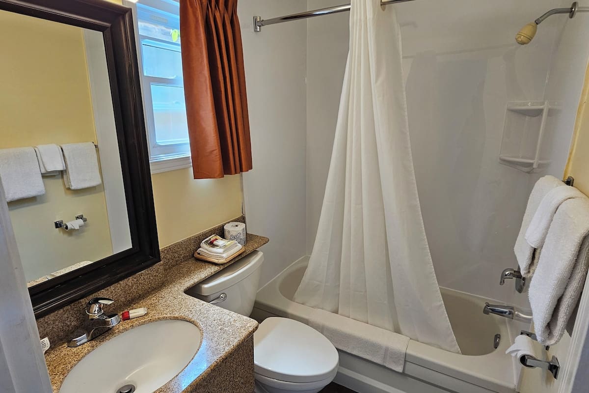 A bathroom with a sink, toilet, and shower.