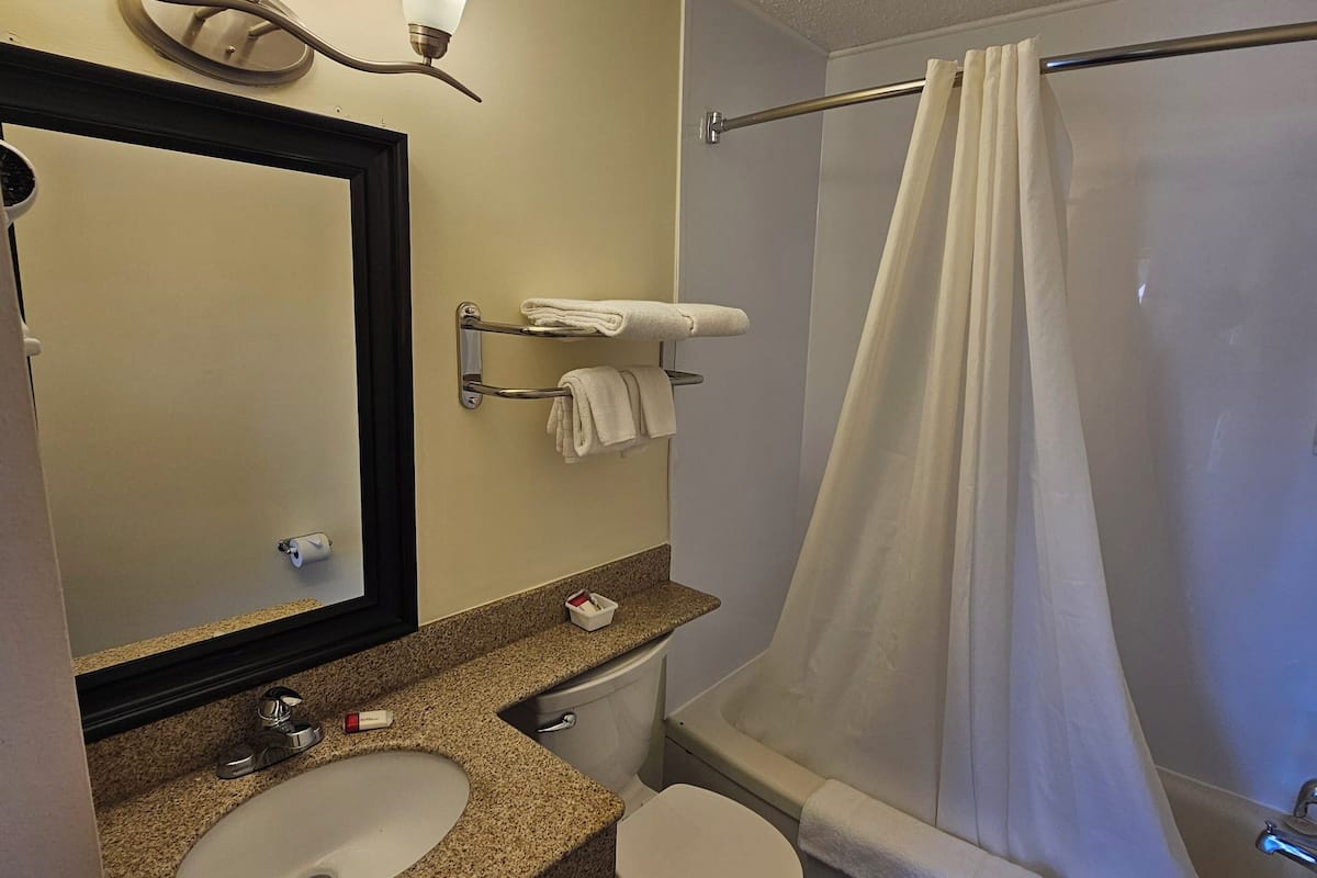 A bathroom with a sink, toilet, and shower. There is a towel rack with towels, a mirror, and a light fixture above the mirror.