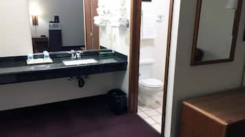 Un baño con lavamanos, espejo e inodoro.