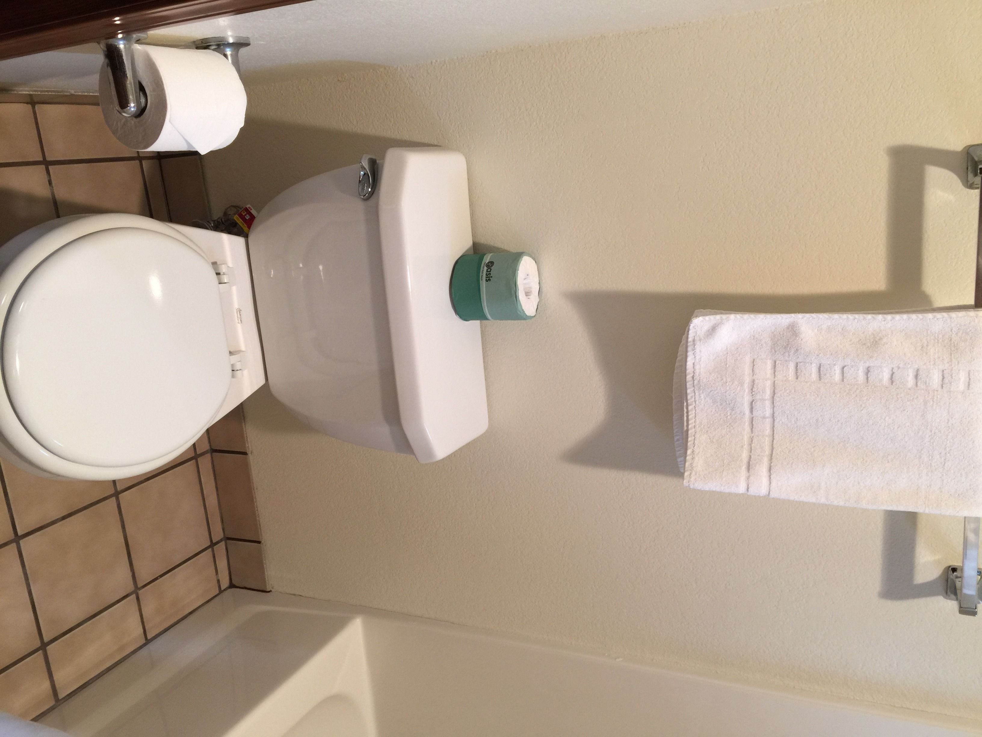 A bathroom with a toilet, a towel rack, and a toilet paper holder.