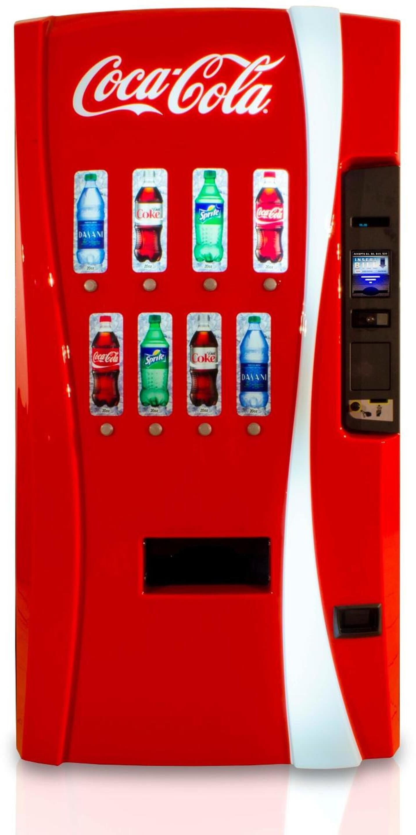 Een Coca-Cola automaat met diverse drankjes.