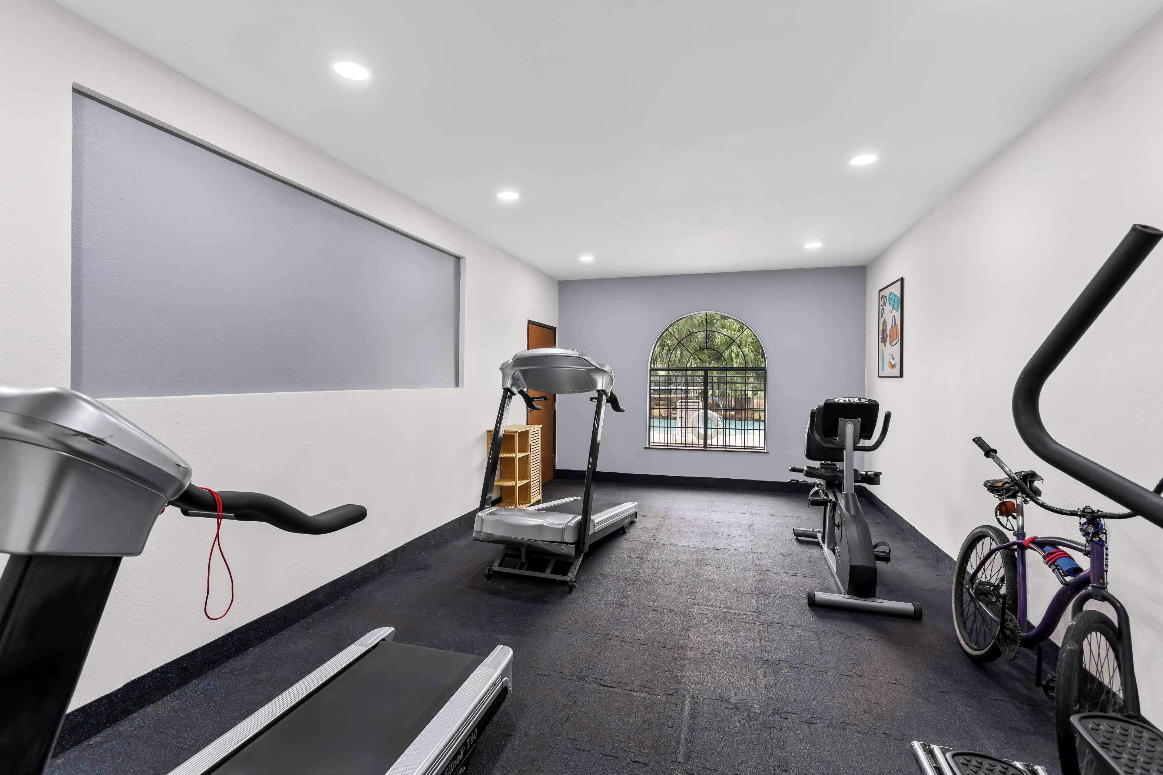 Una palestra con attrezzature per l'allenamento, tra cui tapis roulant, ellittica, cyclette e vogatore.