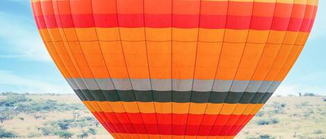 A hot air balloon with a striped pattern and the registration number '5Y-BZY' against a landscape backdrop.