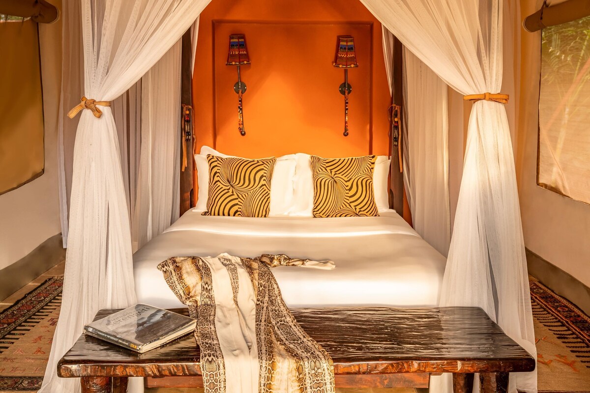 A bed with a canopy, patterned pillows, a bedside table with a book, and wall-mounted lamps.