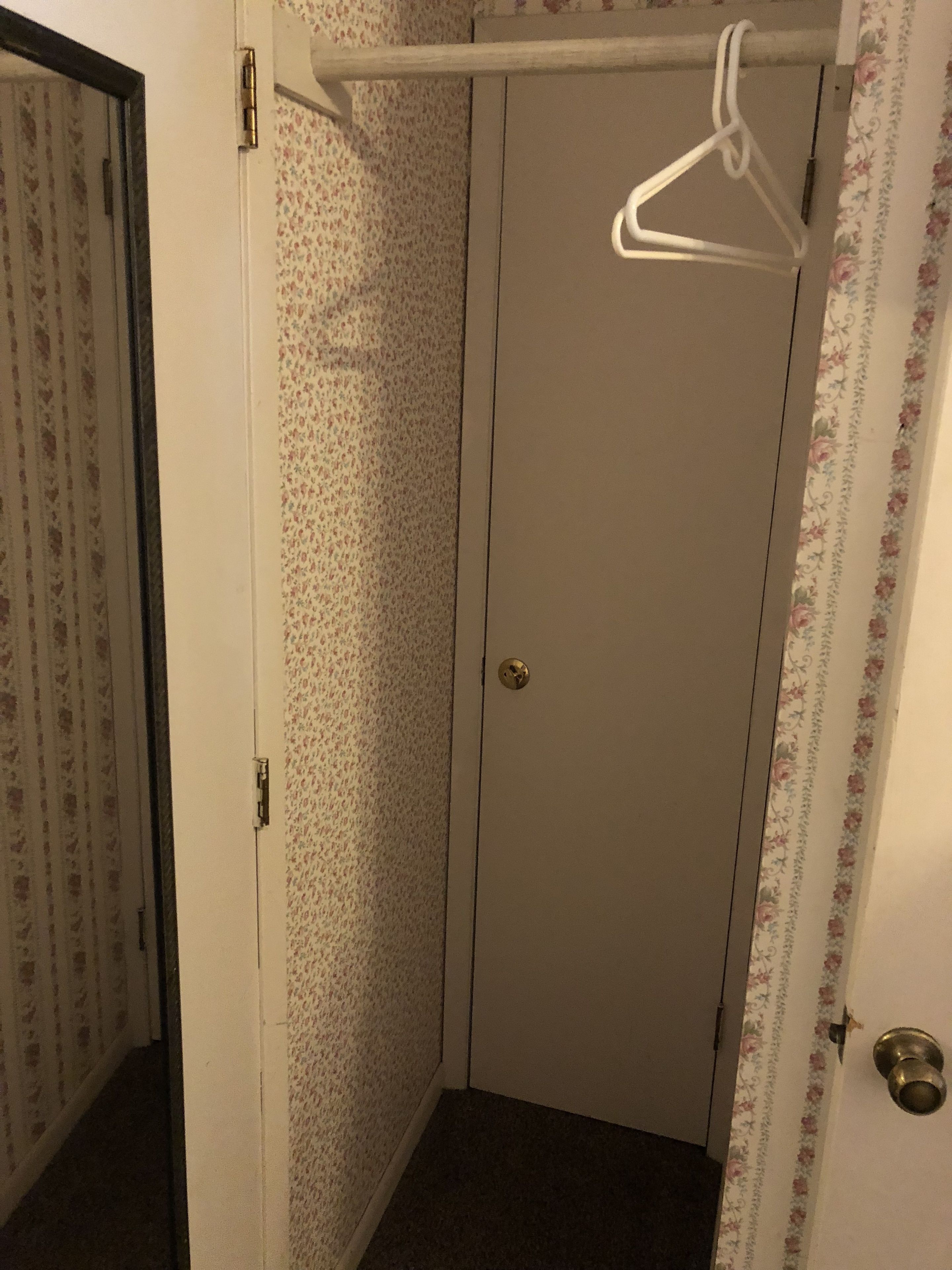 A corner of a room with a door, a hanging clothes rack, and floral-patterned wallpaper.