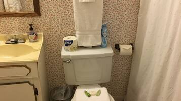 A bathroom with a toilet, sink, and a towel rack.