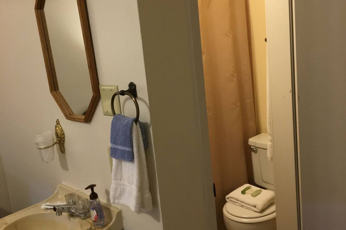 room (room #11, queen bed) | bathroom | combined shower/bathtub, towels