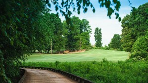 Un puente de madera que conduce a un campo de golf rodeado de exuberante follaje.