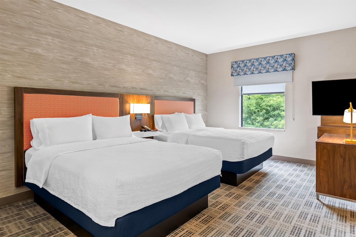 Une chambre d’hôtel avec deux lits, une tête de lit en bois, une fenêtre donnant sur un beau paysage et un téléviseur à écran plat.