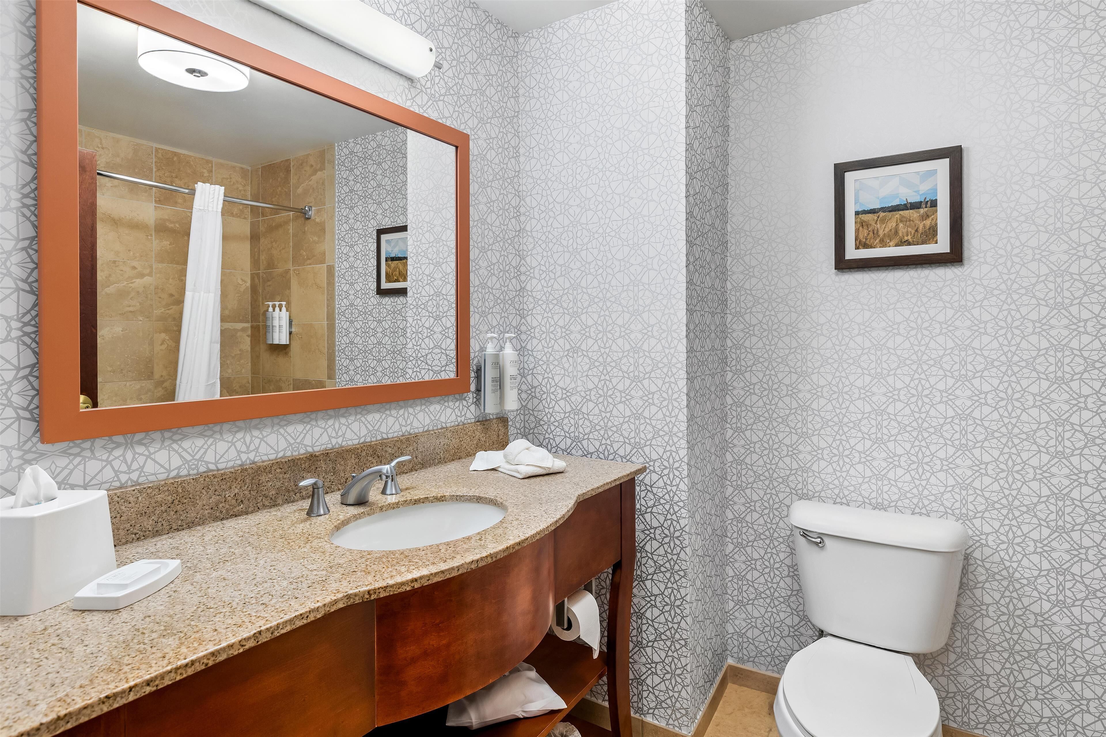 A bathroom with a large mirror, two sinks, a toilet, and a shower.