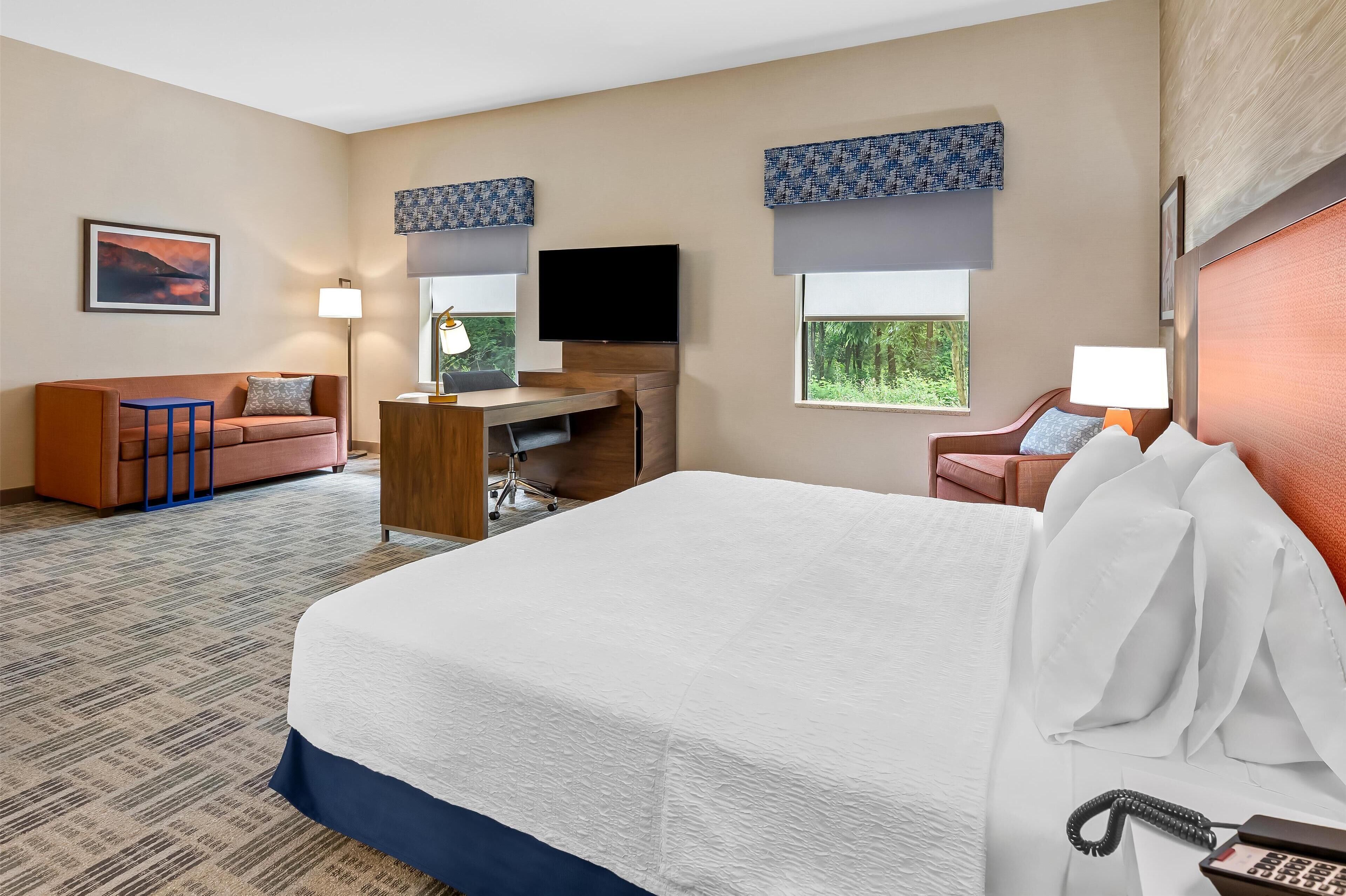 A hotel room with a large bed, a desk with a chair, a sofa, and two windows with views of greenery.
