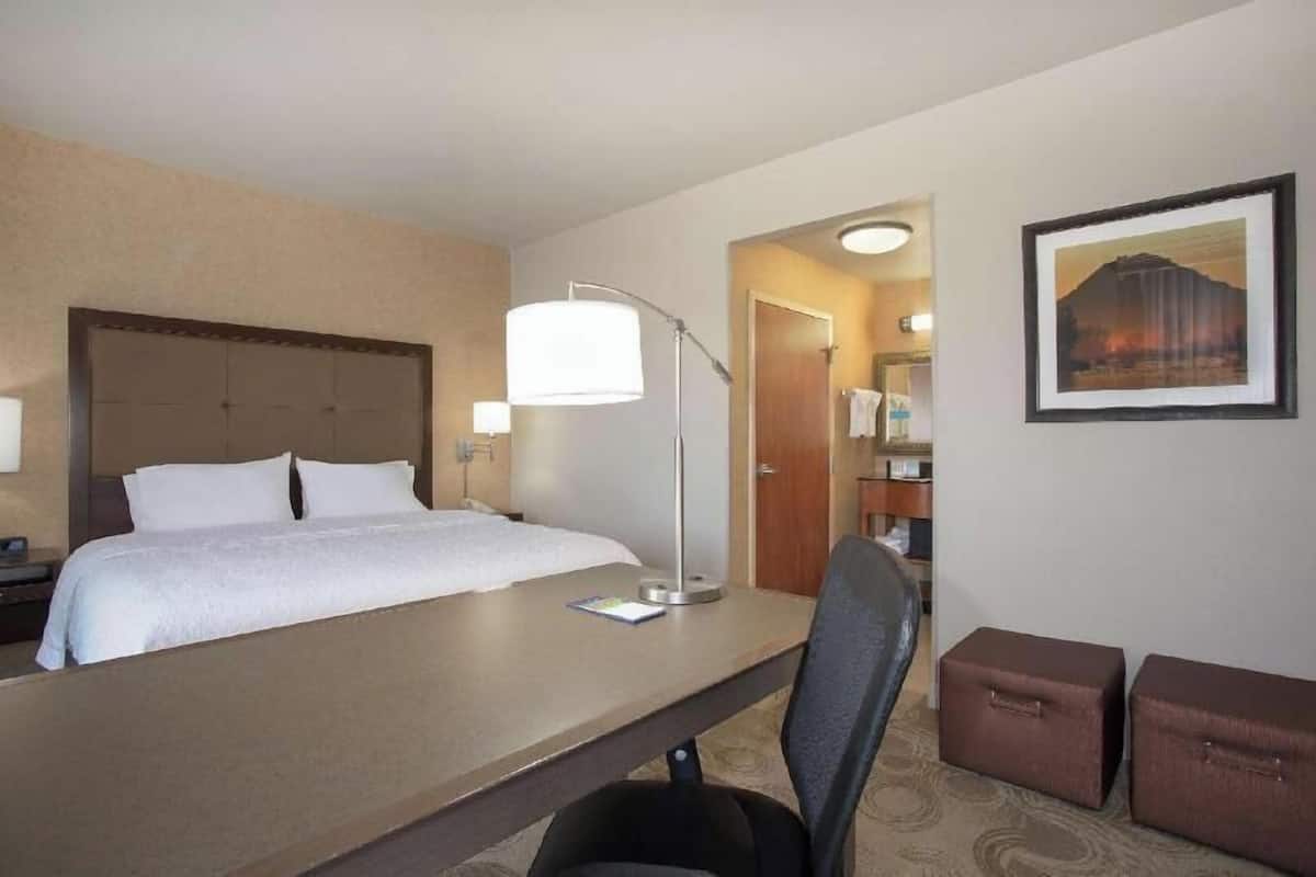 Habitación de hotel con cama, escritorio, silla, lámpara y un cuadro en la pared.