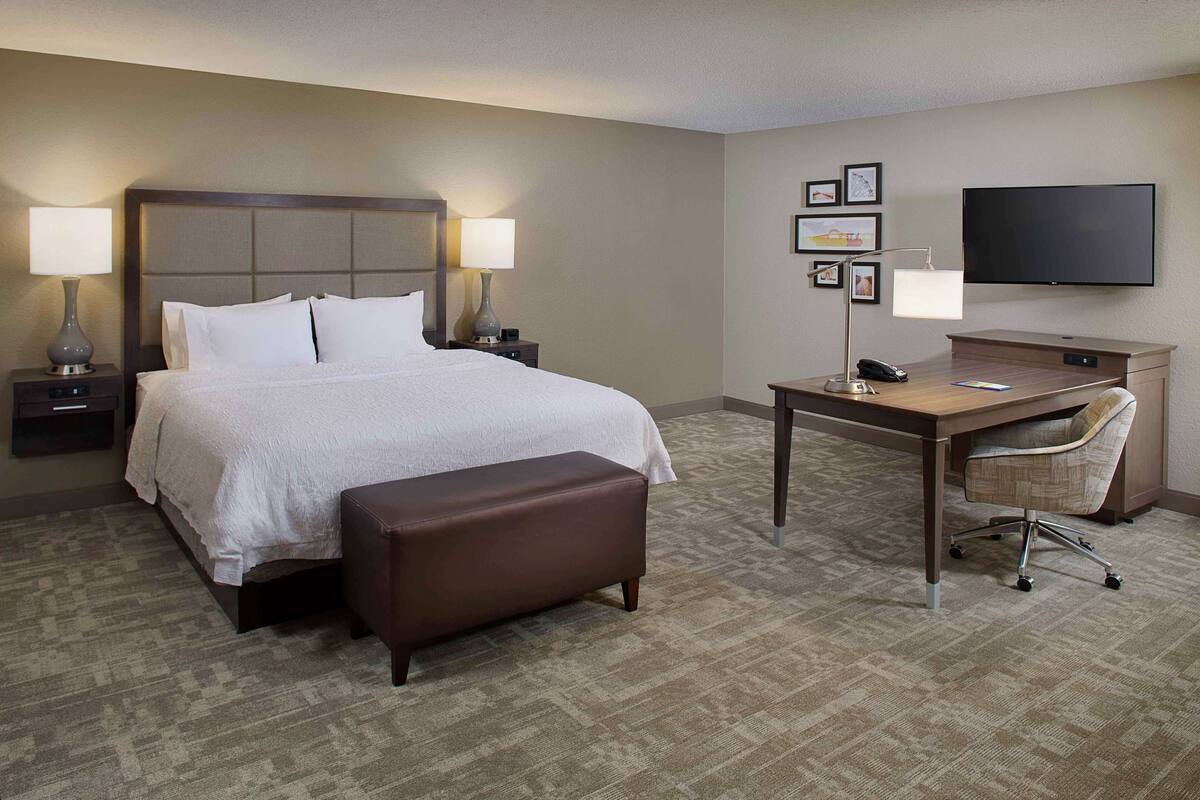 Habitación de hotel con una cama grande, dos lámparas de noche, un escritorio con silla, un televisor de pantalla plana y piso alfombrado.