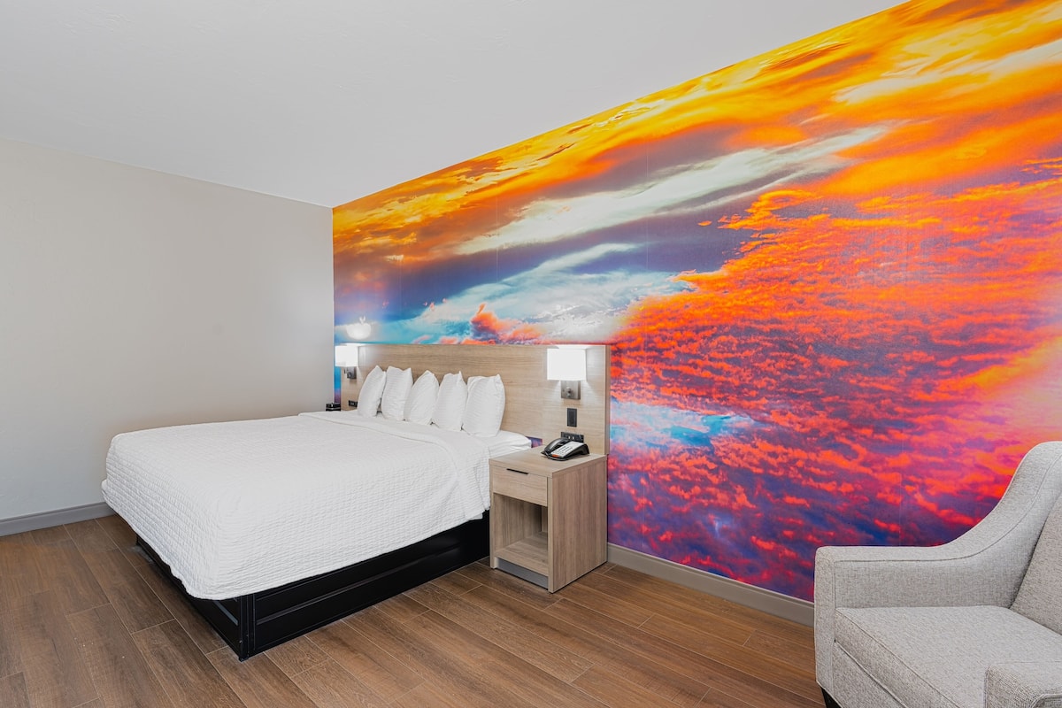 premium bedding, desk, blackout curtains, iron/ironing board