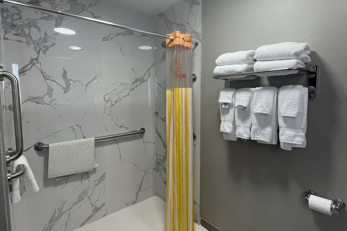 combined shower/bathtub, free toiletries, hair dryer, towels