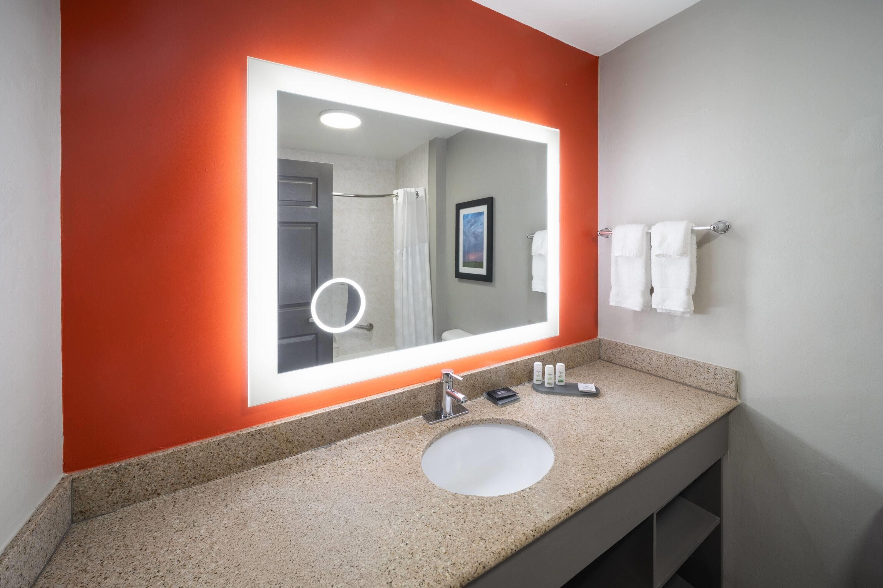 A bathroom with a large mirror, a sink, and a towel rack.