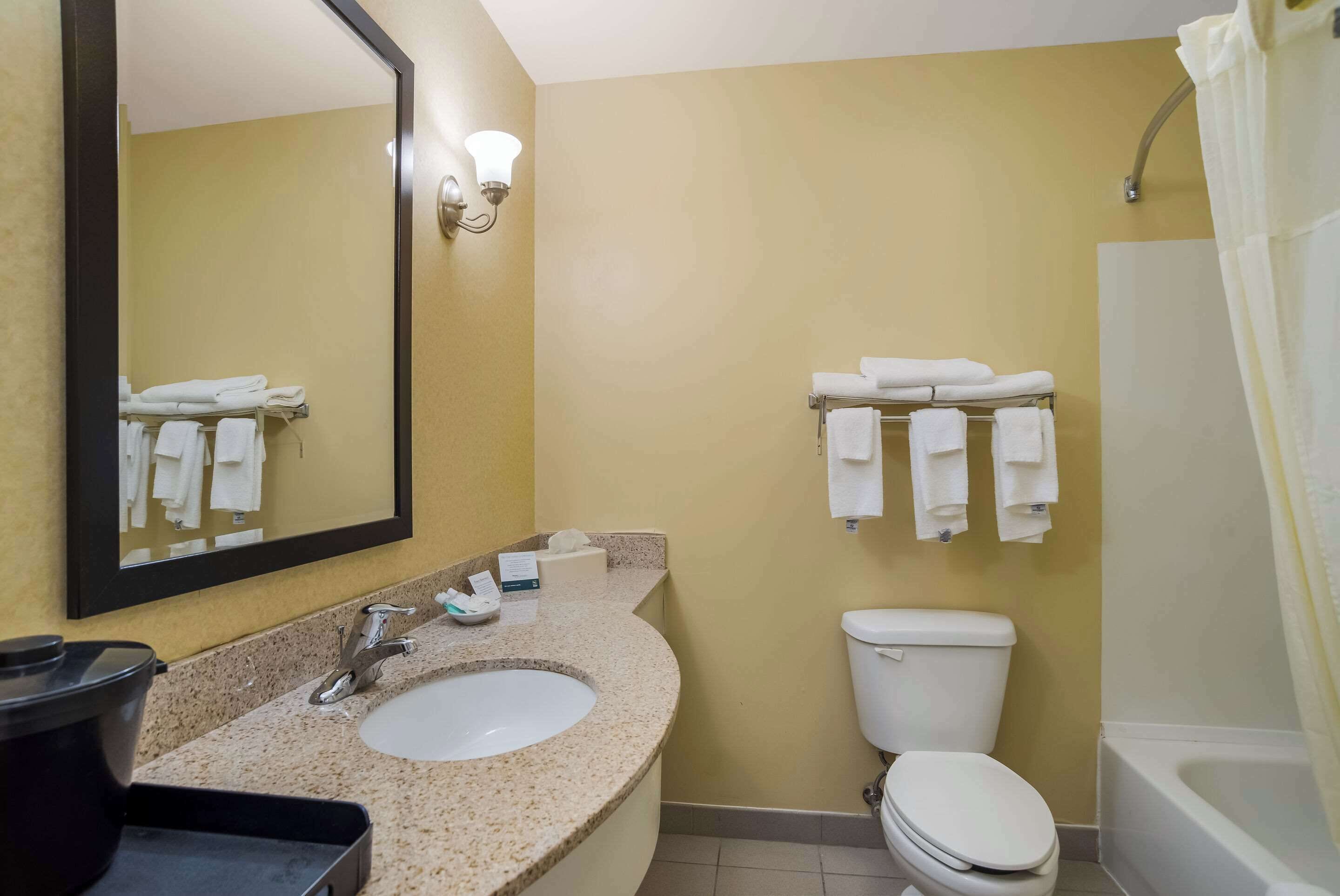 A bathroom with a sink, mirror, toilet, and towel rack.