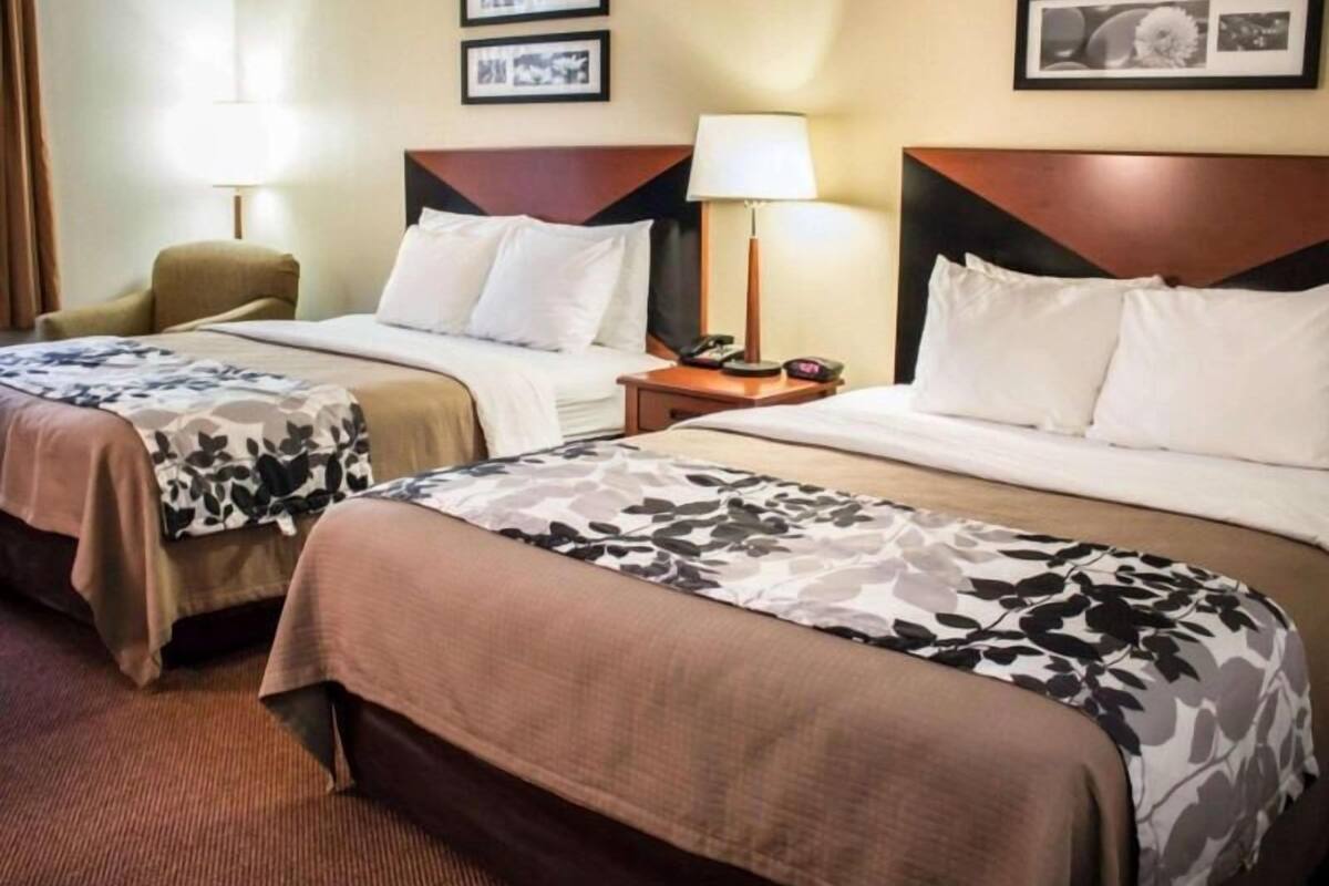 A hotel room with two beds, a nightstand, a lamp, and framed pictures on the wall.