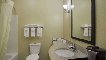 Une salle de bain avec des toilettes, un lavabo et un rideau de douche.
