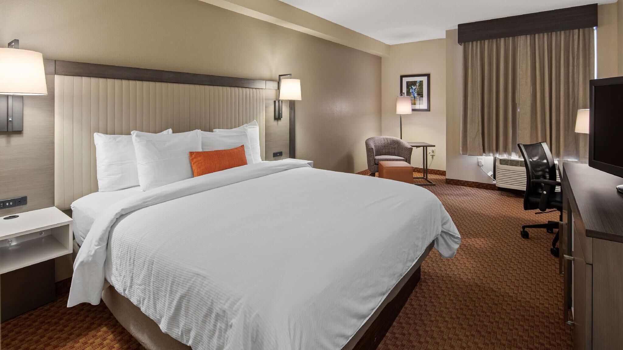 In-room safe, desk, laptop workspace, blackout curtains