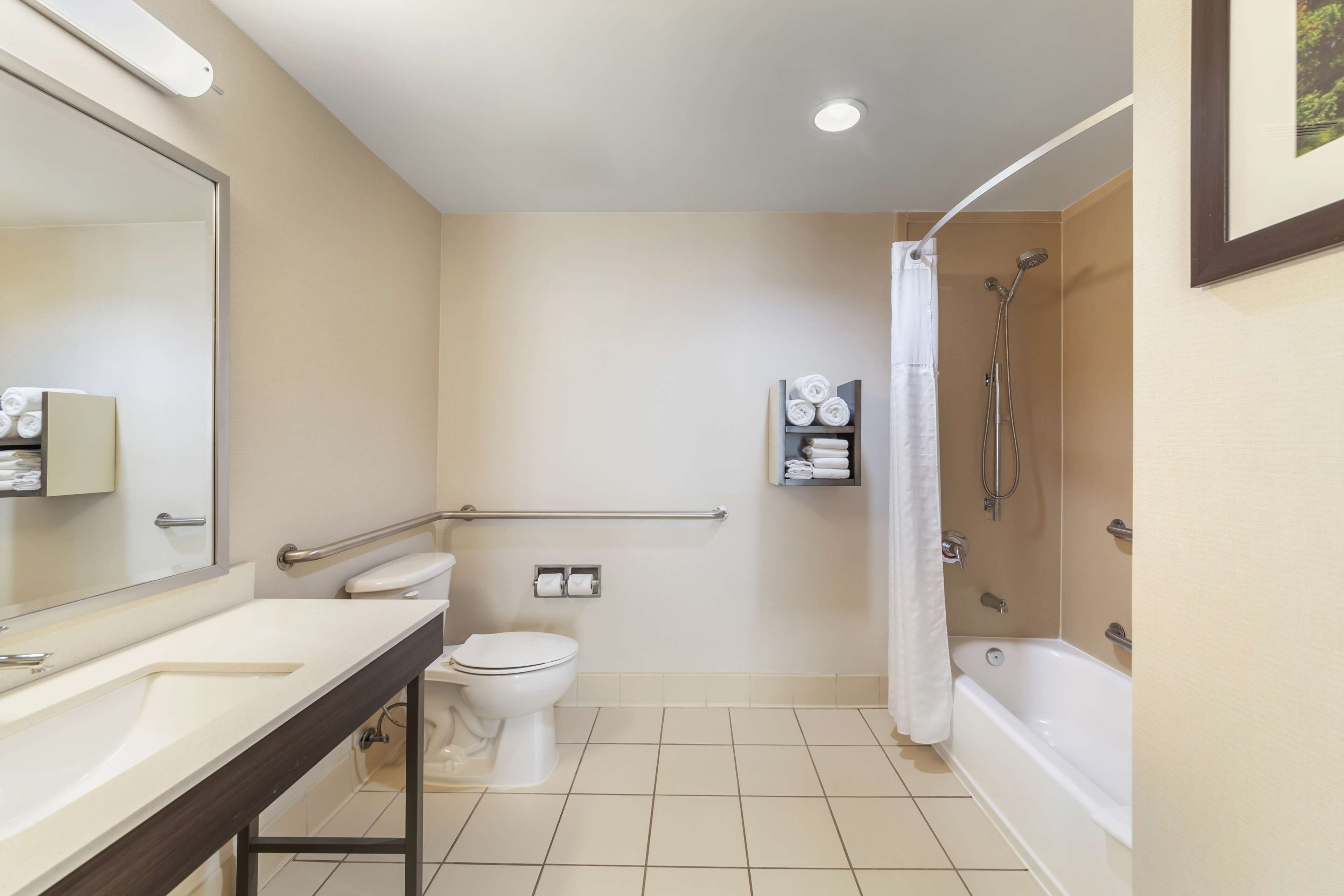 A modern bathroom with a sink, toilet, and shower.