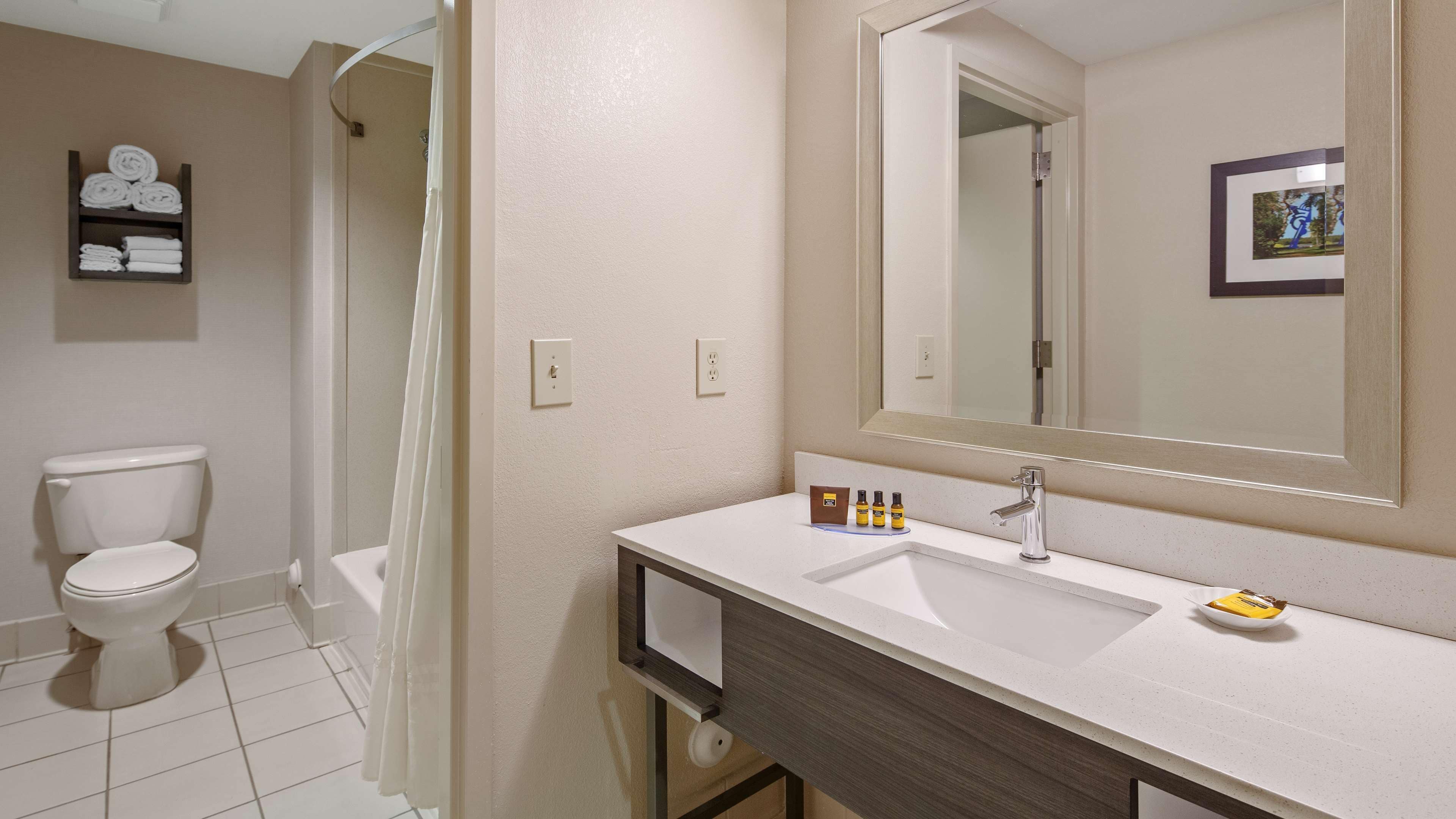 A bathroom with a white toilet, a shower with a white curtain, a sink with a mirror, and toiletries on the counter.