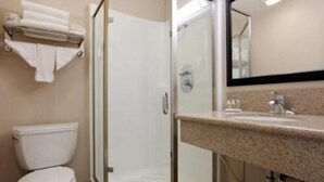 A bathroom with a glass-enclosed shower, a toilet, and a sink with a countertop.