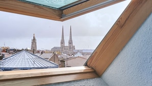A skylight with a view of a cityscape, including a church with two spires.