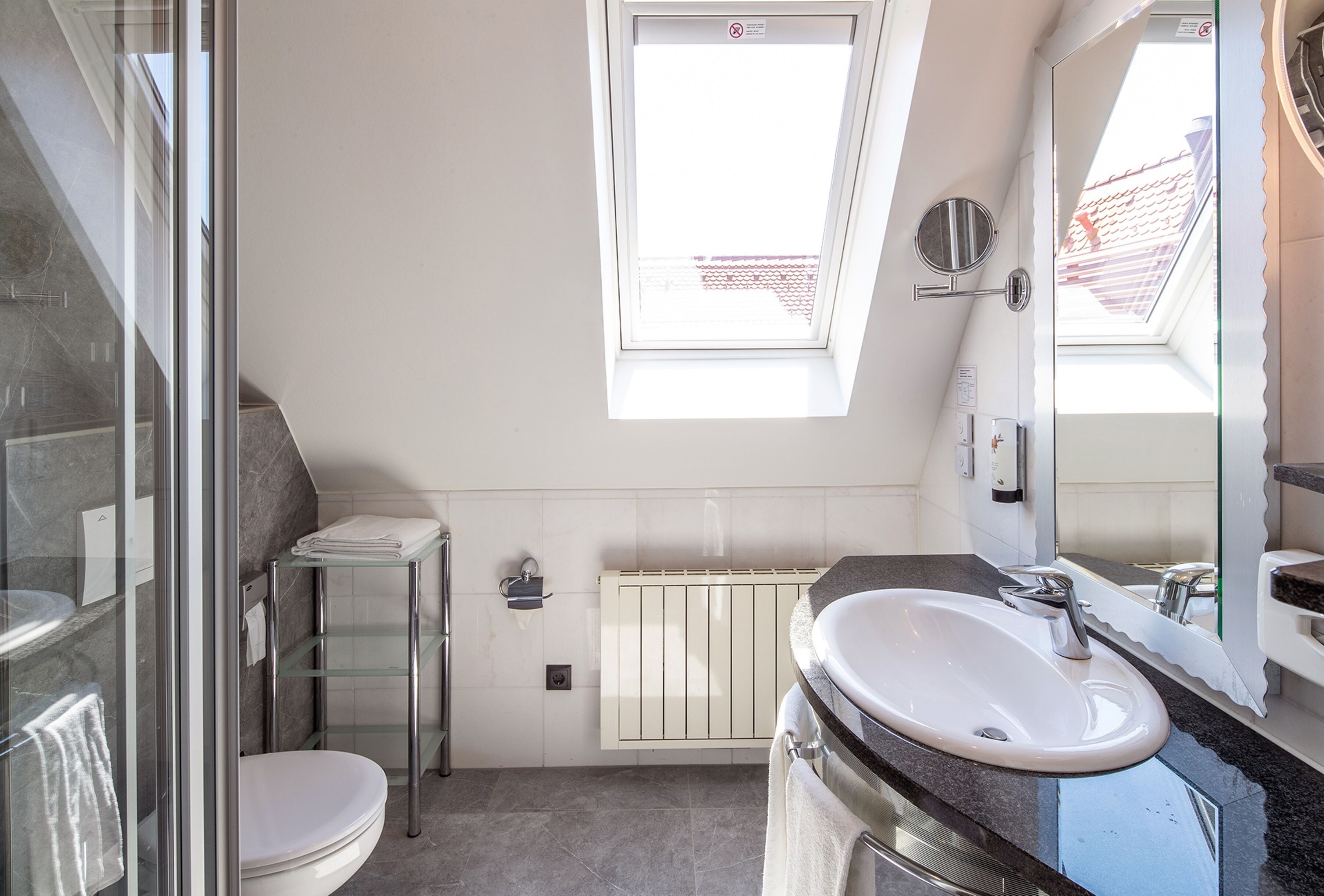 A modern bathroom with a glass shower enclosure, a white sink, and a skylight.