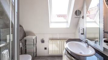 A modern bathroom with a glass shower enclosure, a white sink, and a skylight.