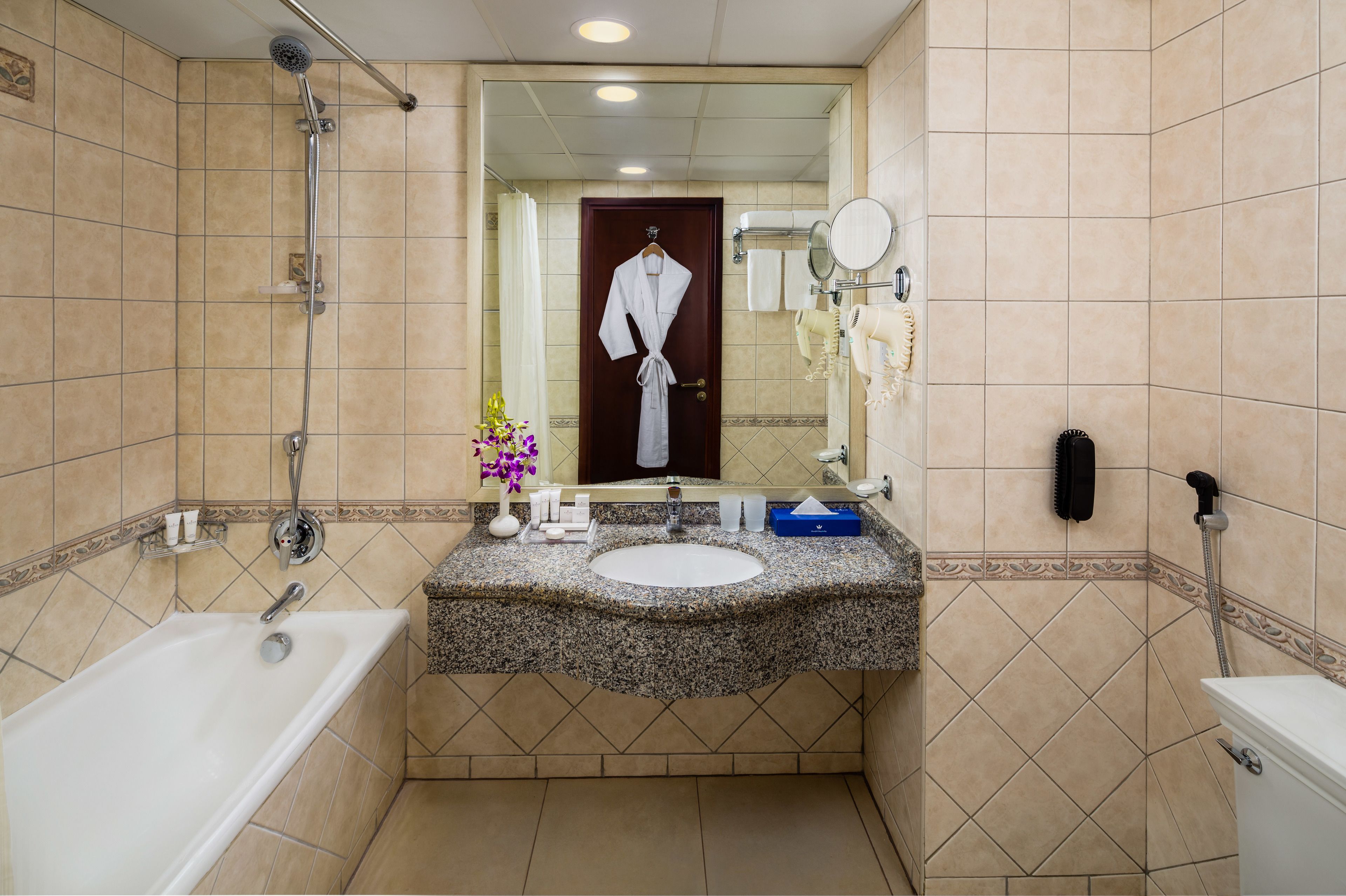 combined shower/bathtub, eco-friendly toiletries, hair dryer