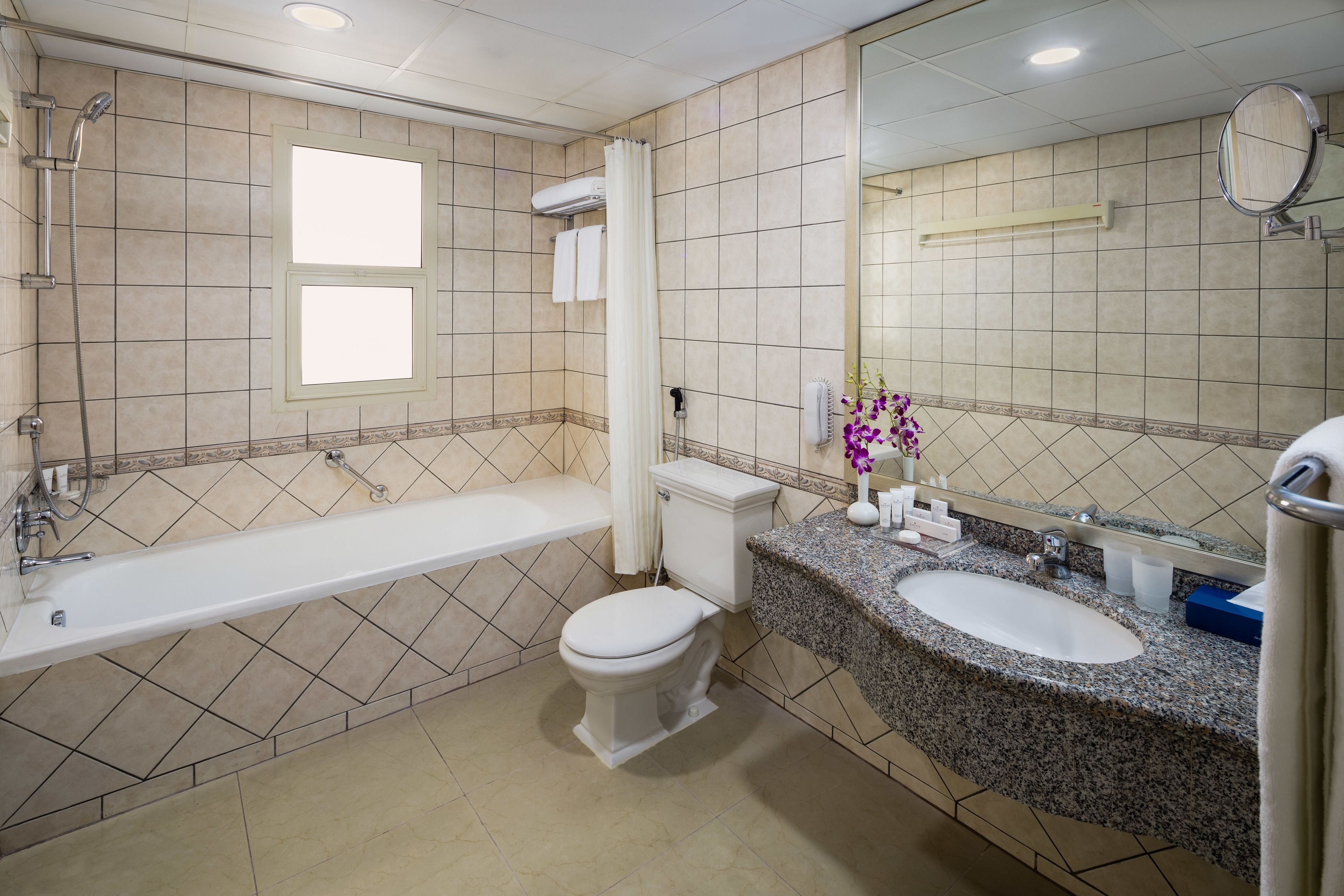 combined shower/bathtub, eco-friendly toiletries, hair dryer